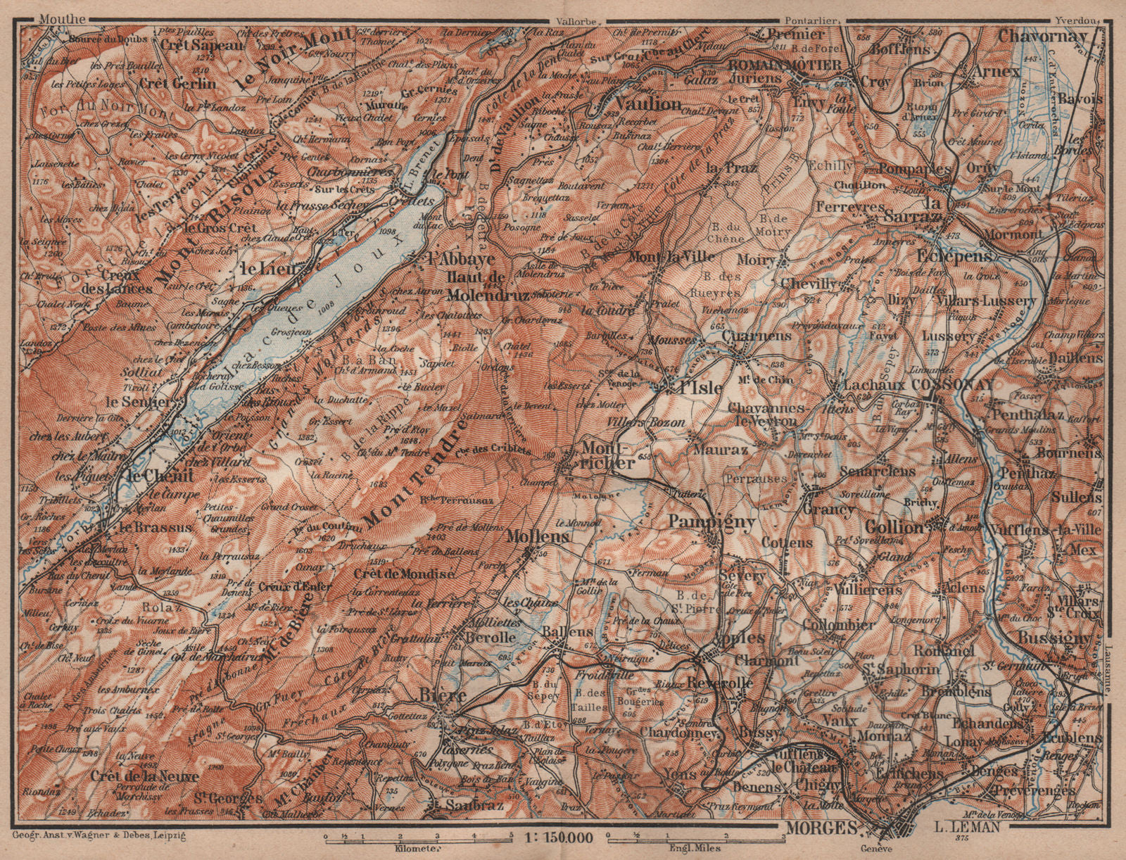WESTERN JURA. Morges Cossonay Vaulion Mont Risoux/Tendre Lac de Joux 1905 map